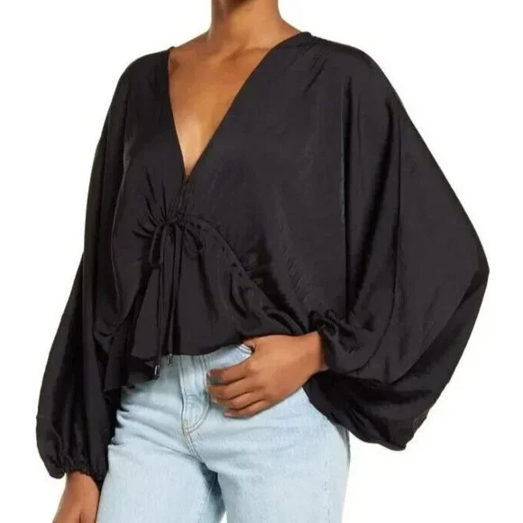 Free People Elouise Black Satin Long Sleeve Blouse Oversized Boho V-Neck Top XS - Picture 10 of 13